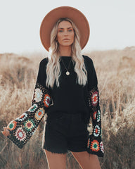 Black Tribal Floral Sleeves Knit Sweater