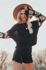 Black Tribal Floral Sleeves Knit Sweater