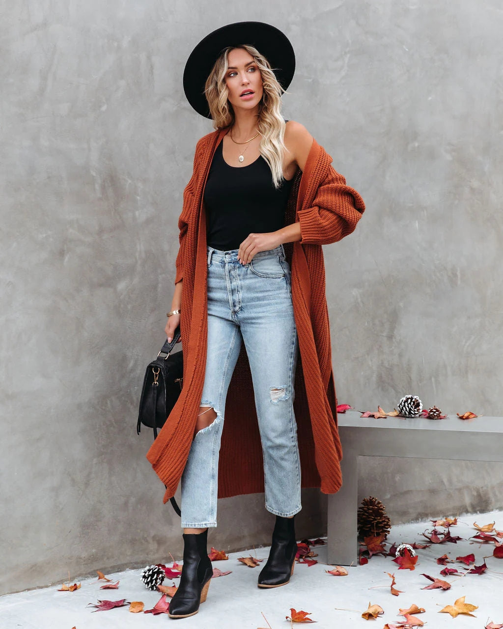 Brown Ribbed Knit Long Cardigan