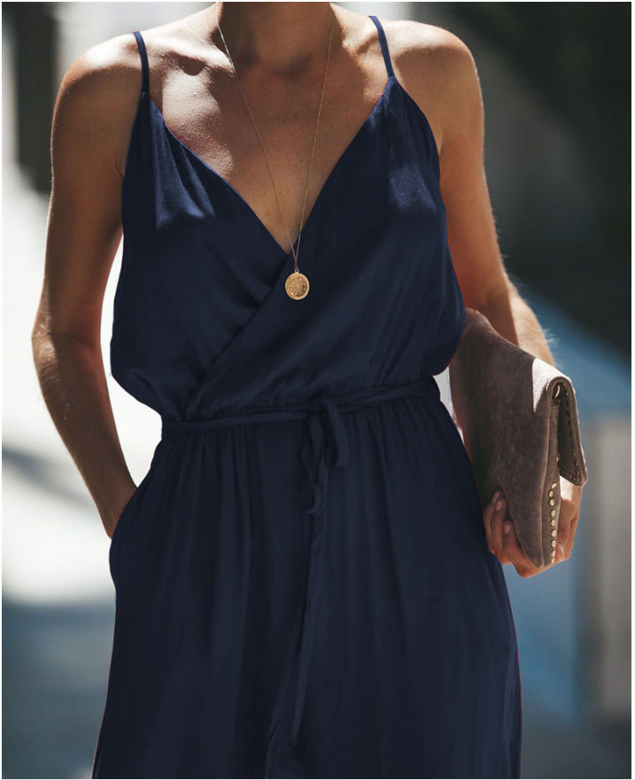 Navy Surplice V Neck High Slits Jumpsuits