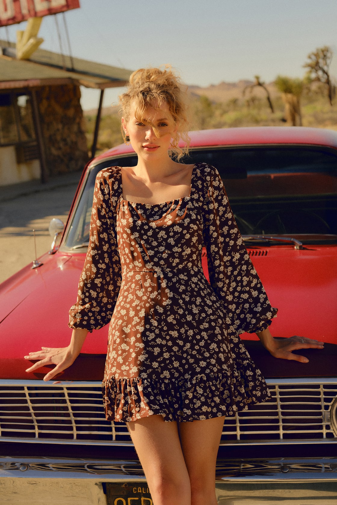 Black Floral Long Sleeves Mini Dress