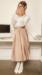 Champagne Pleated Satin Midi Skirt