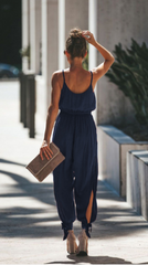 Navy Surplice V Neck High Slits Jumpsuits