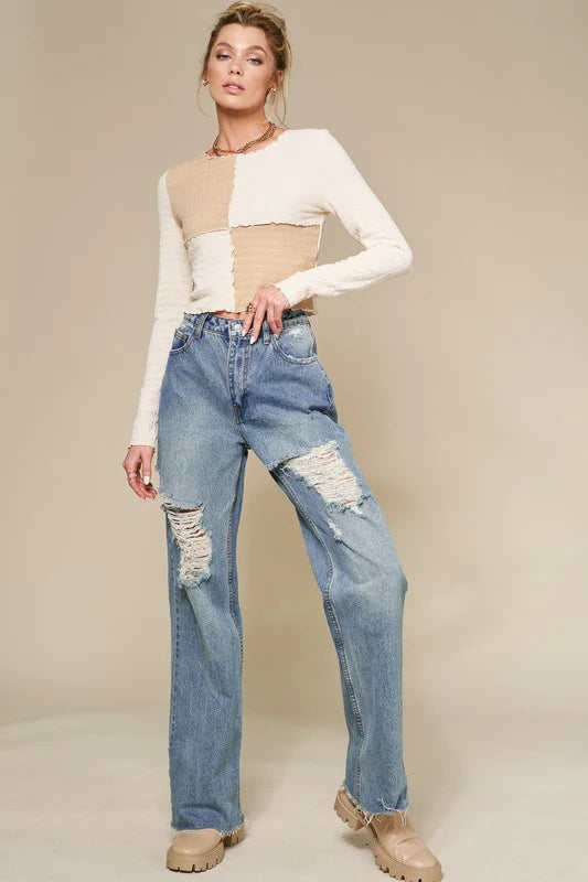 White Colorblocked Crop Top