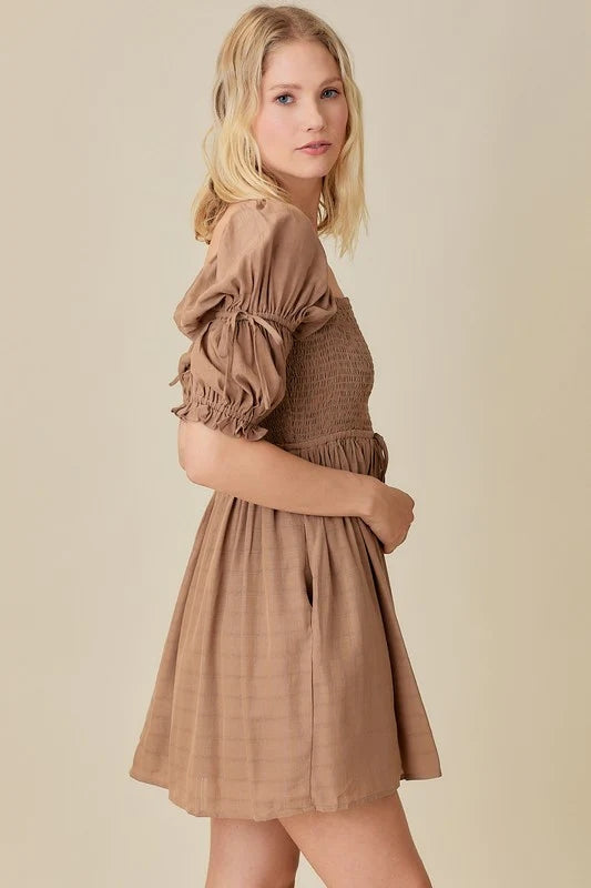 Khaki Smocked Mini Dress