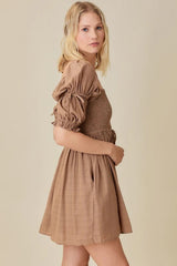 Khaki Smocked Mini Dress