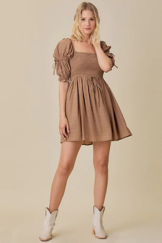 Khaki Smocked Mini Dress