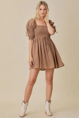Khaki Smocked Mini Dress