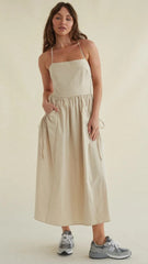 Beige Solid Sleeveless Midi Dress