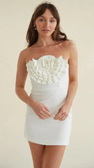 White Strapless Rosette Mini Dress