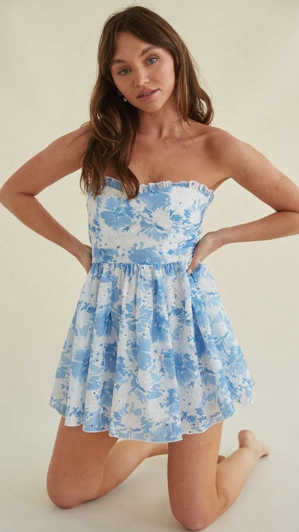 Blue Floral Strapless Mini Dress – Groovy Mimi