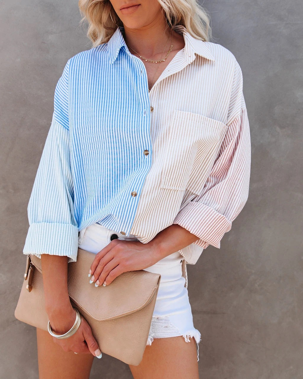 Colorblock Striped Button Down Shirt