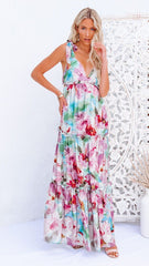 Watercolor Floral Shoulder Tie Maxi Dress