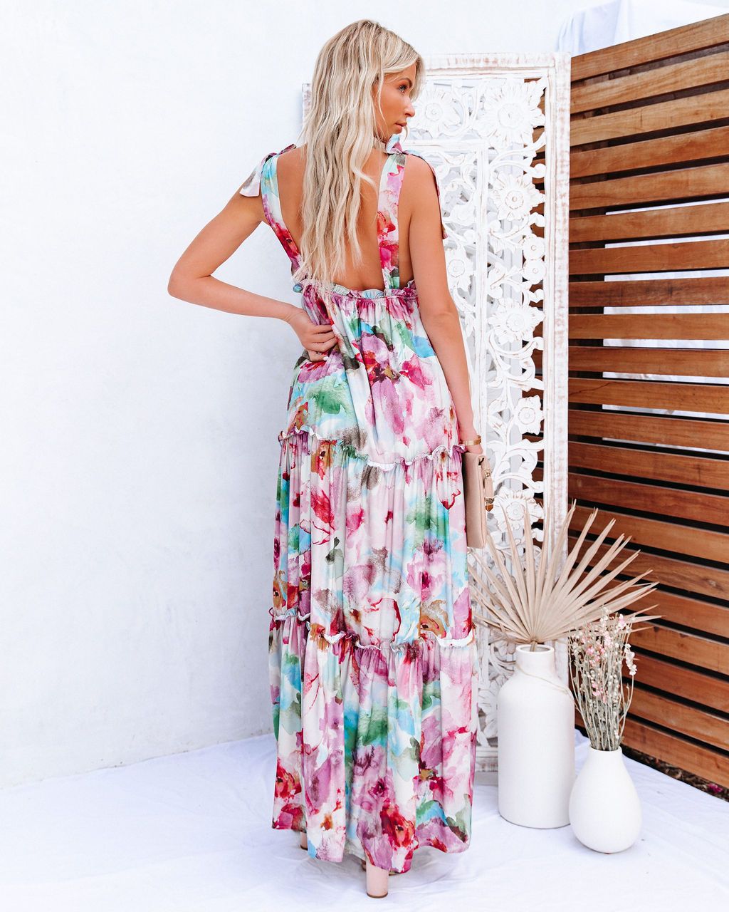 Watercolor Floral Shoulder Tie Maxi Dress
