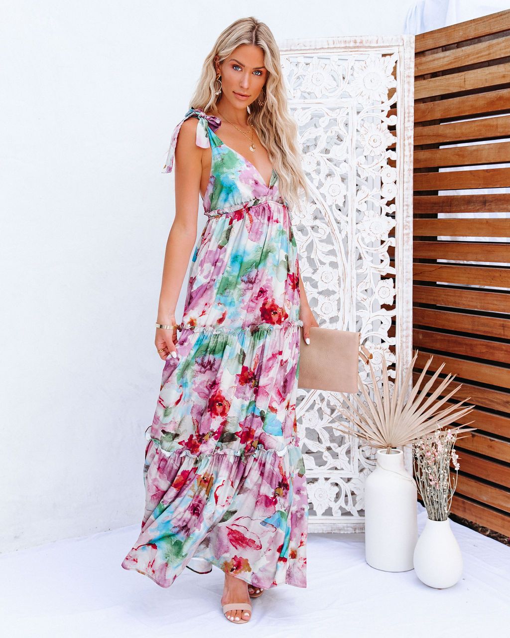 Watercolor Floral Shoulder Tie Maxi Dress
