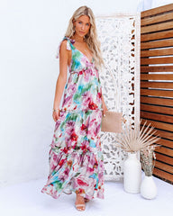 Watercolor Floral Shoulder Tie Maxi Dress