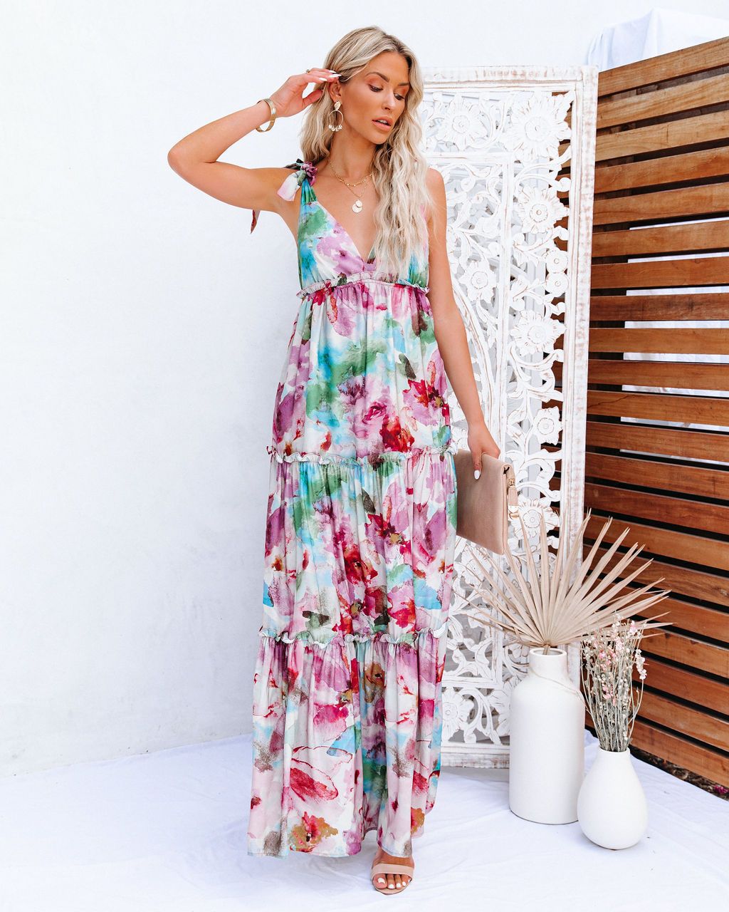 Watercolor Floral Shoulder Tie Maxi Dress
