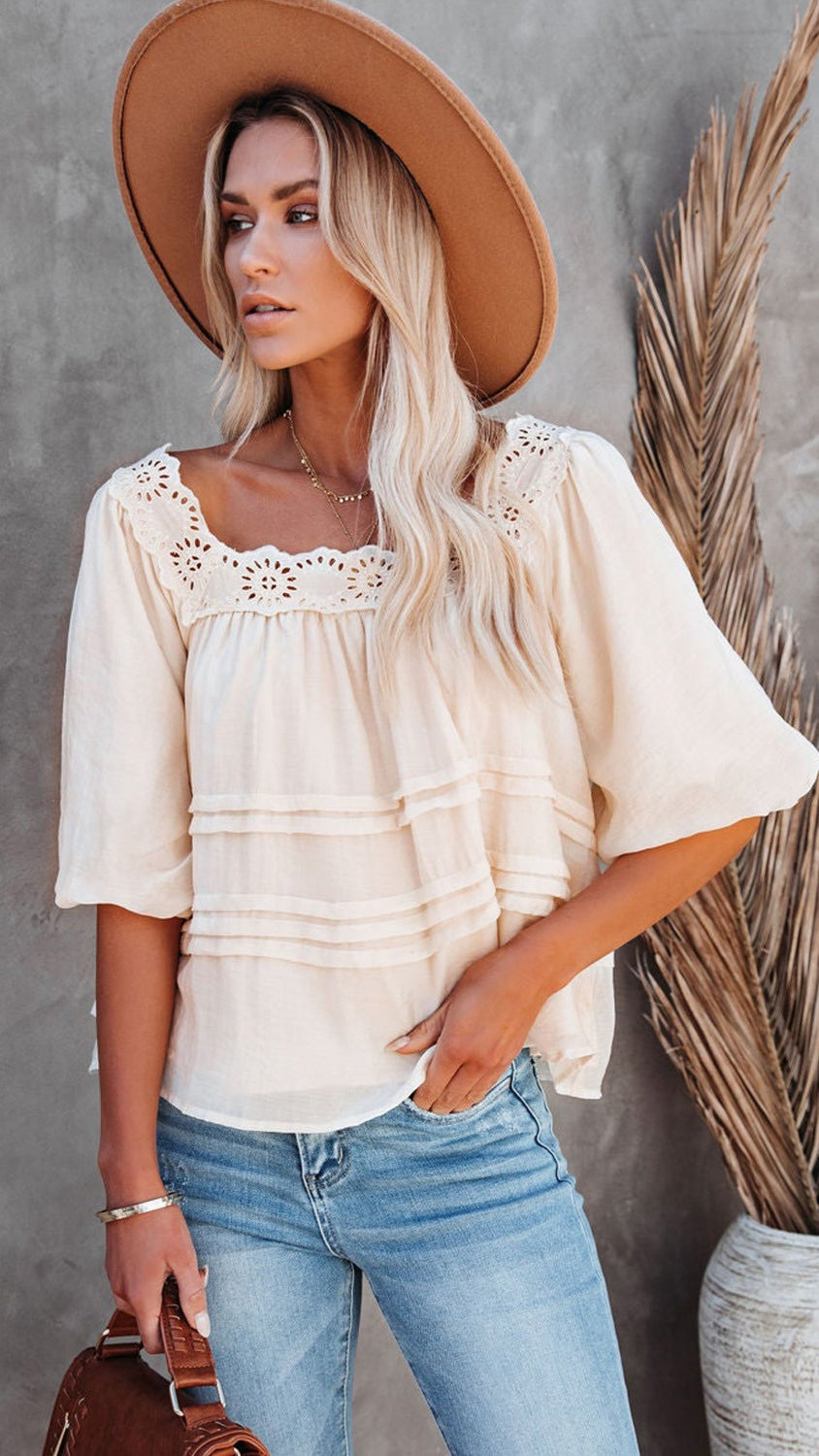 Beige Square Neckline Chiffon Top