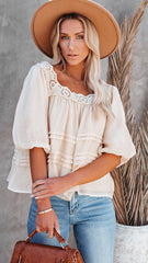 Beige Square Neckline Chiffon Top
