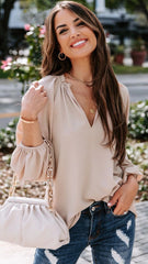 Khaki Solid Long Sleeves Blouse