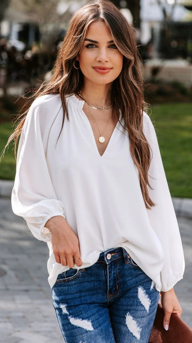 White Solid Long Sleeves Blouse