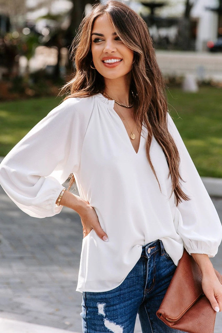 White Solid Long Sleeves Blouse