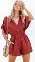 Red Elasticized Waistband Rompers