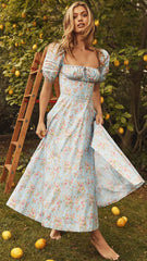 Blue Floral Square Neckline Midi Dress