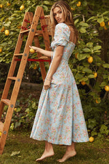 Blue Floral Square Neckline Midi Dress