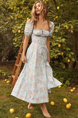 Blue Floral Square Neckline Midi Dress