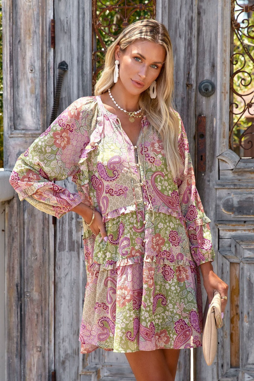 Paisley Print Long Sleeves Mini Dress