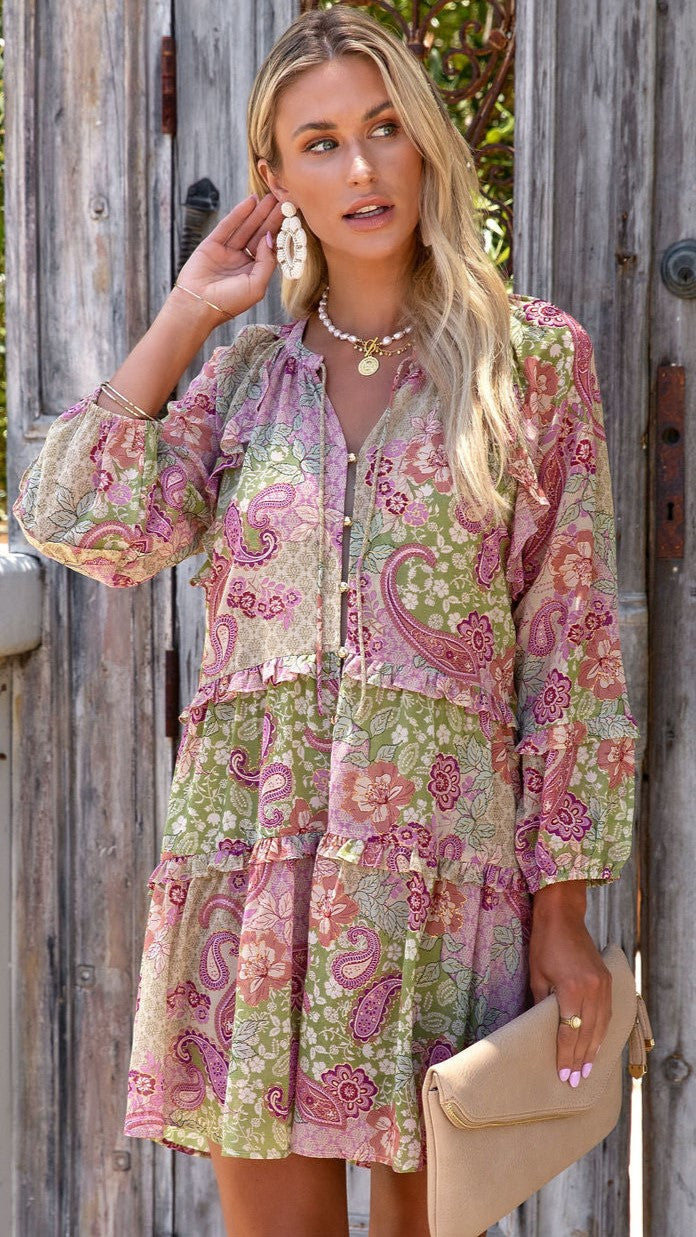 Paisley Print Long Sleeves Mini Dress