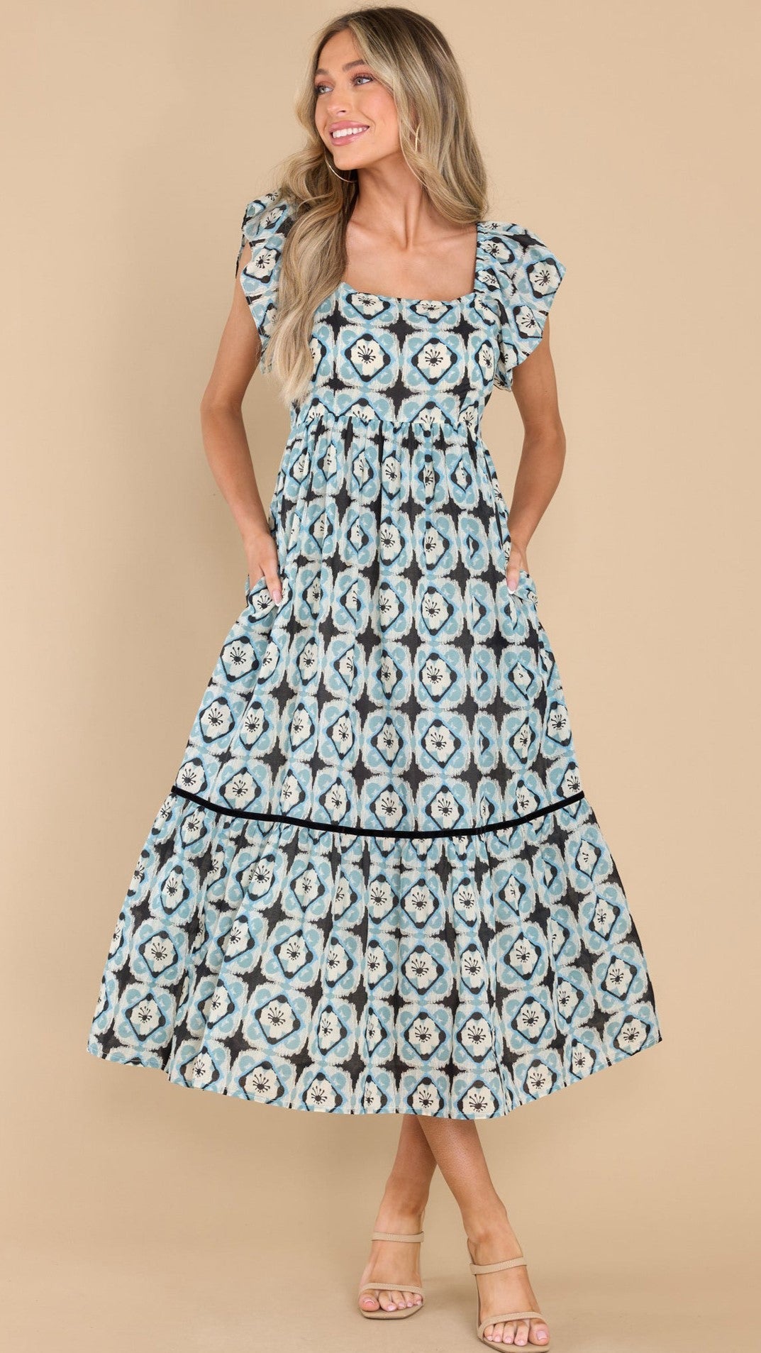 Blue Geo Print Midi Dress