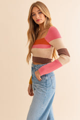 Pink Colorblock Striped Knit Crop Top