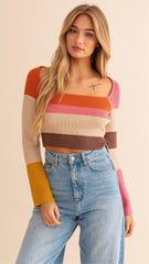 Pink Colorblock Striped Knit Crop Top
