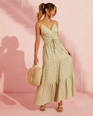 Khaki Solid Slip Midi Dress