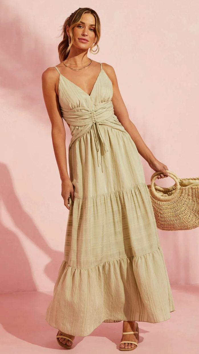Khaki Solid Slip Midi Dress