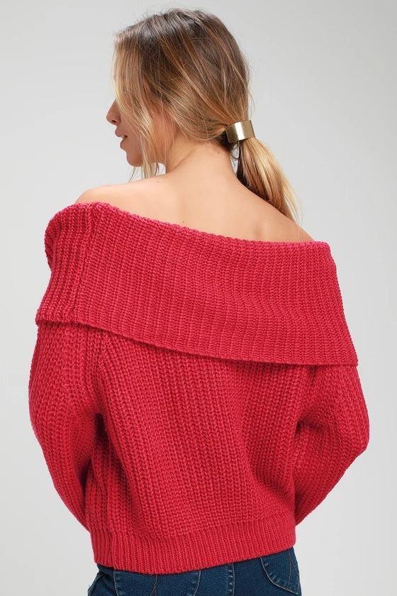 Red Off Shoulder Knit Sweater