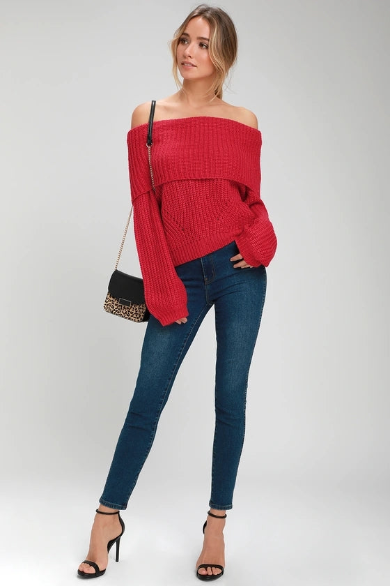 Red Off Shoulder Knit Sweater