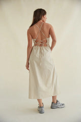 Beige Solid Sleeveless Midi Dress