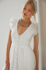 White Textured V Neckline Midi Dress