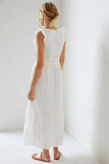 White Textured V Neckline Midi Dress