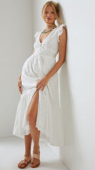 White Textured V Neckline Midi Dress