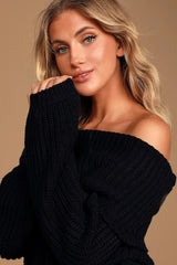 Black Off Shoulder Knit Sweater