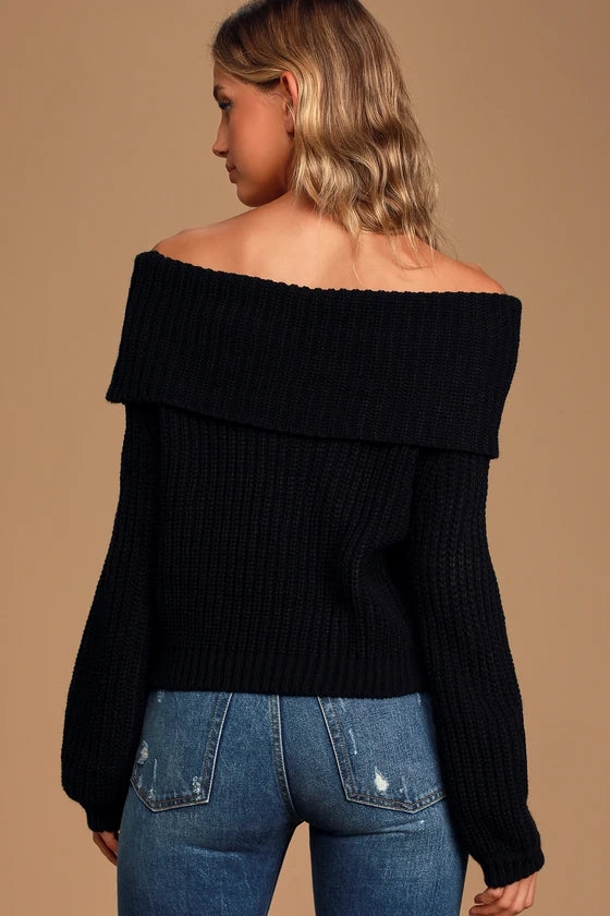 Black Off Shoulder Knit Sweater