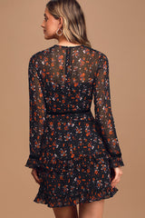Black Floral Chiffon Dress