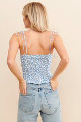 Blue Floral Shoulder Tie Tank Top