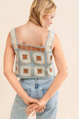 Blue Crochet Knit Crop Tank Top
