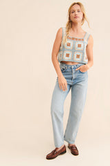 Blue Crochet Knit Crop Tank Top