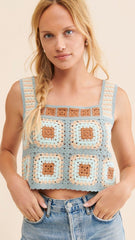 Blue Crochet Knit Crop Tank Top